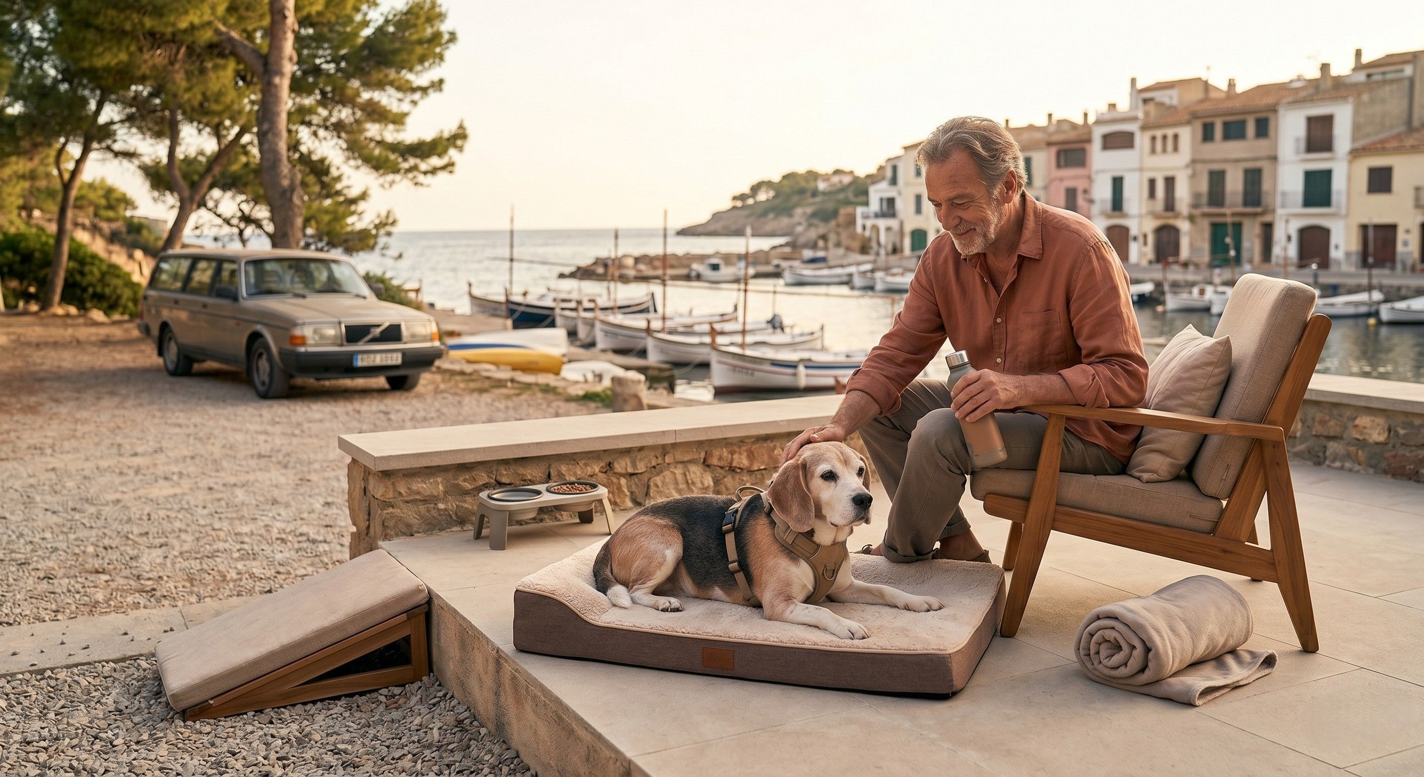 Chien senior en vacances avec son maître