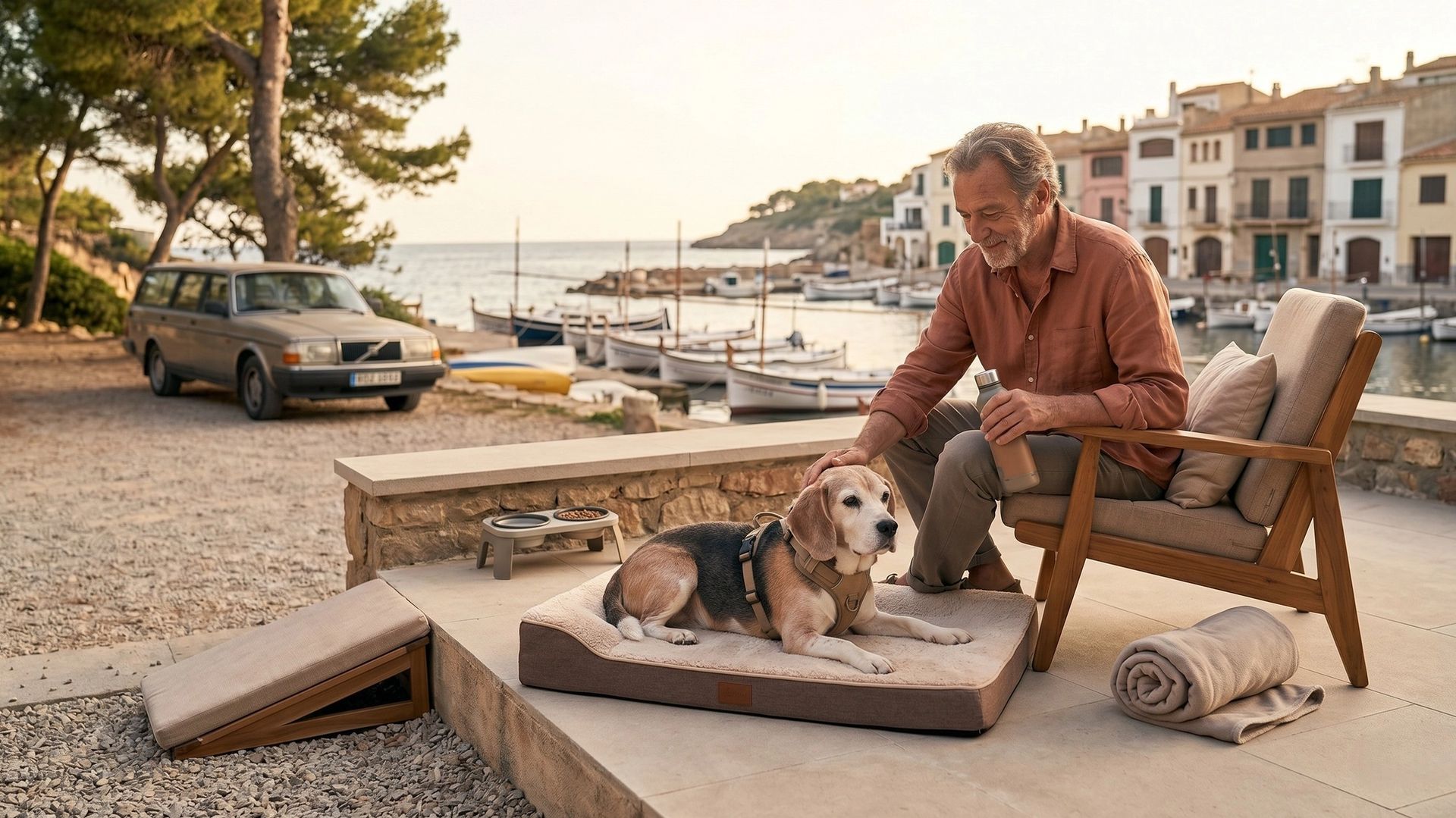 Chien senior en vacances avec son maître