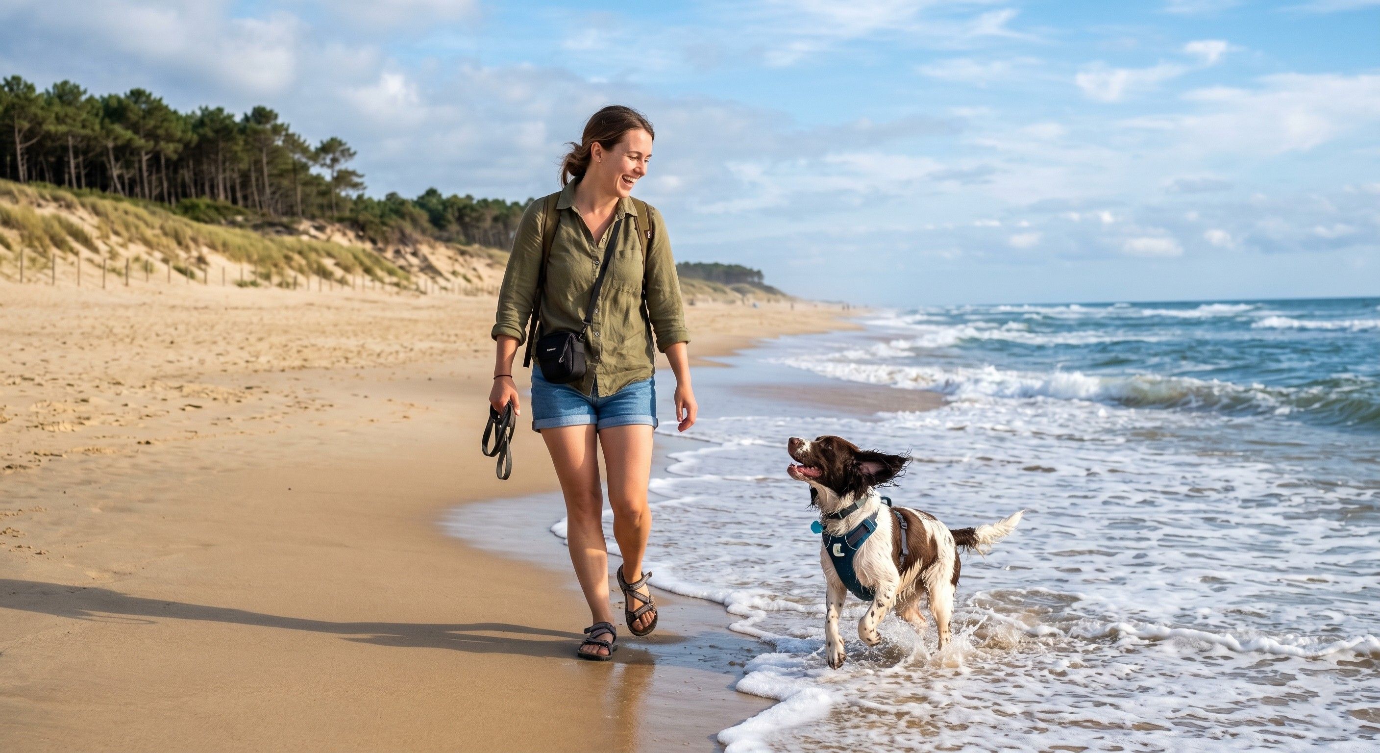 Chien et sa maîtresse sur la plage dans les Landes