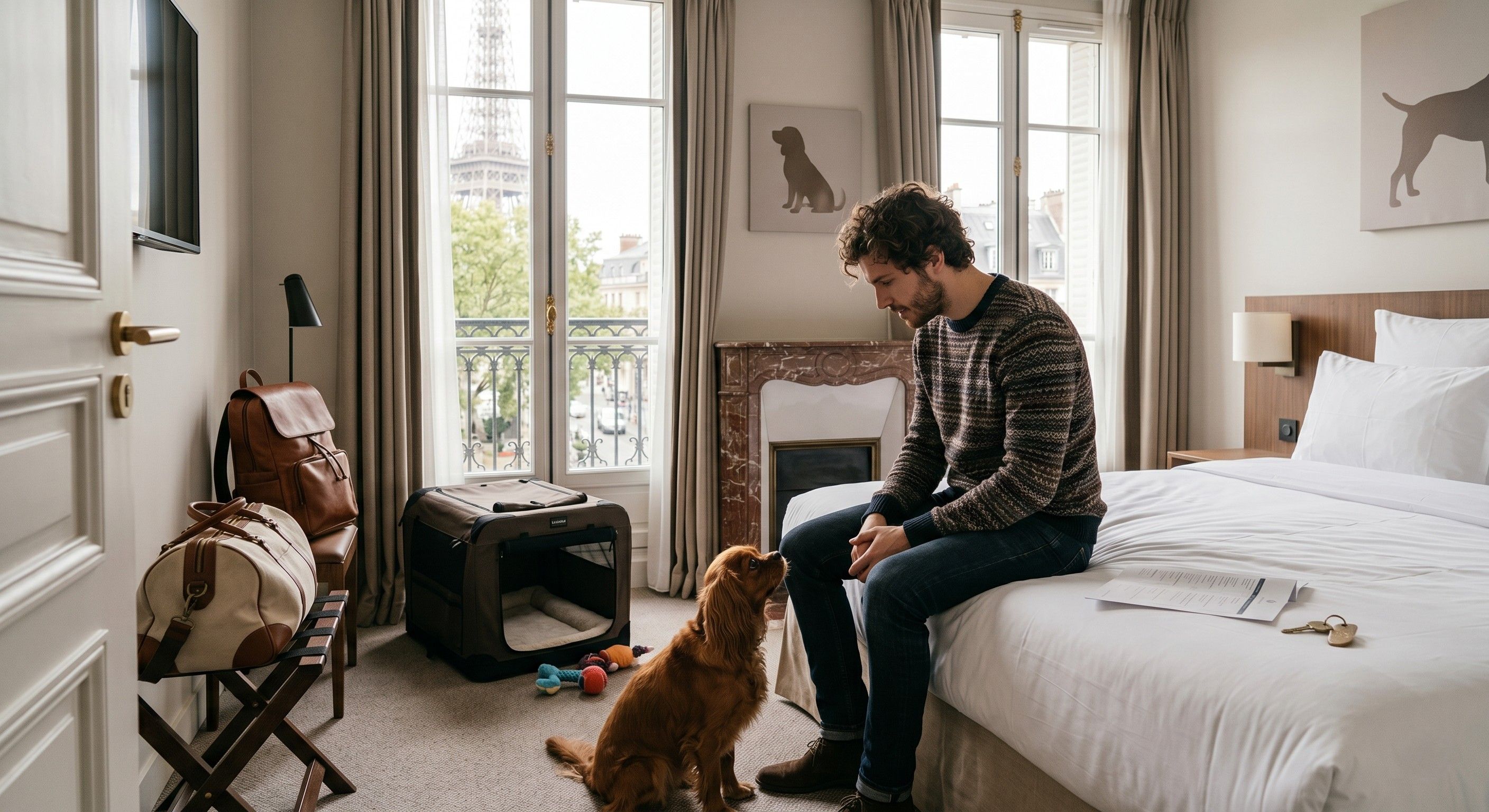 Chien dans un chambre d'hôtel