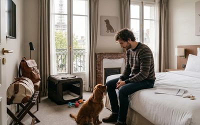Chien dans un chambre d'hôtel