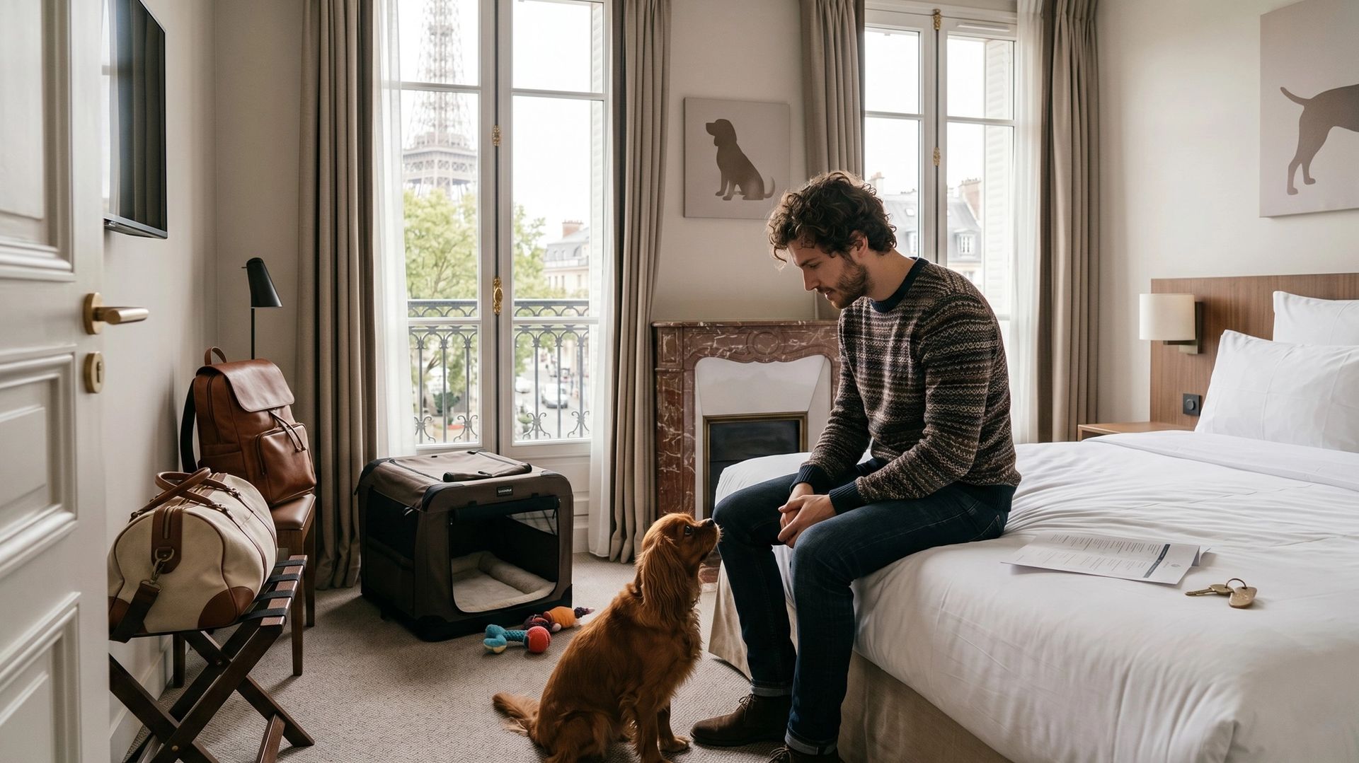 Chien dans un chambre d'hôtel
