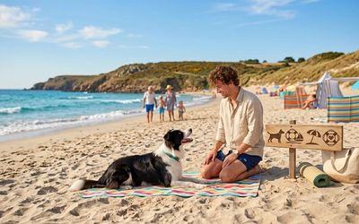 Chien et son maître sur une plage de Bretagne
