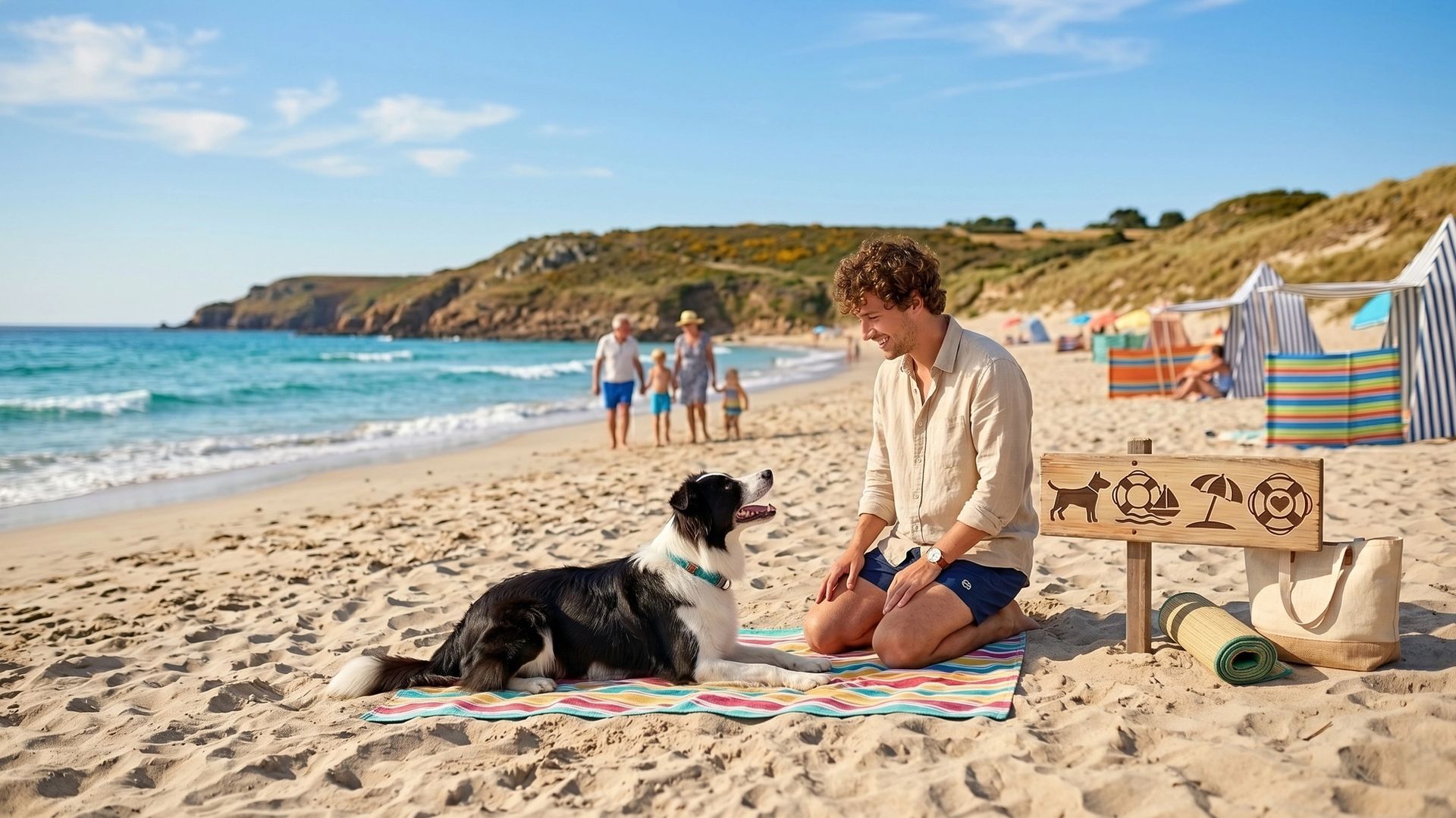 Chien et son maître sur une plage de Bretagne