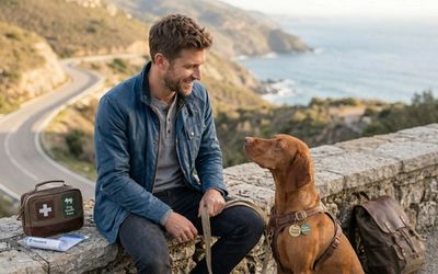 Chien à côté d'une trousse de secours