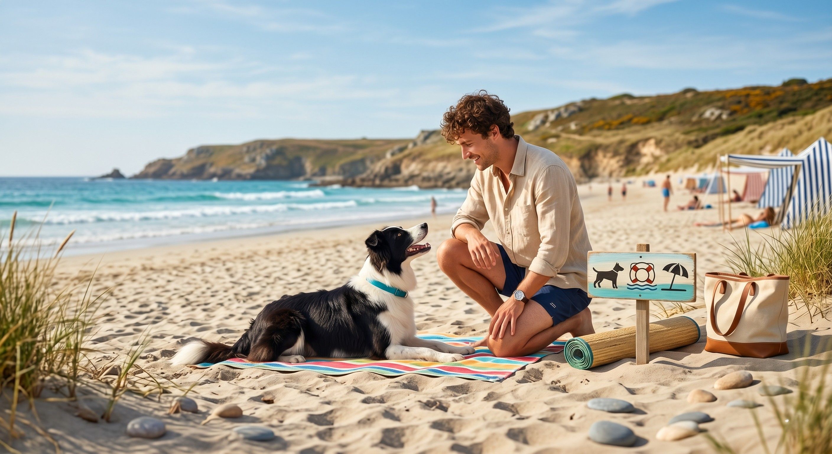 Chien et son maître sur une plage du Finistère
