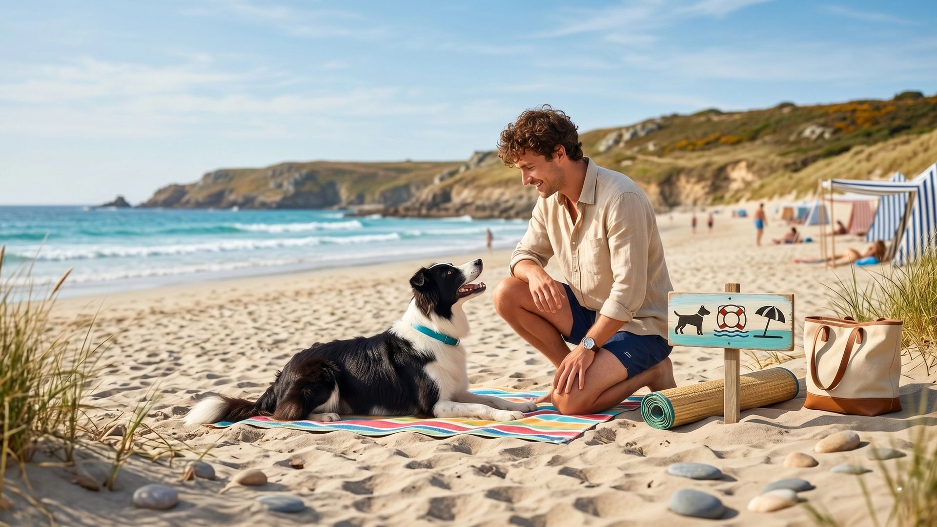 Chien et son maître sur une plage du Finistère