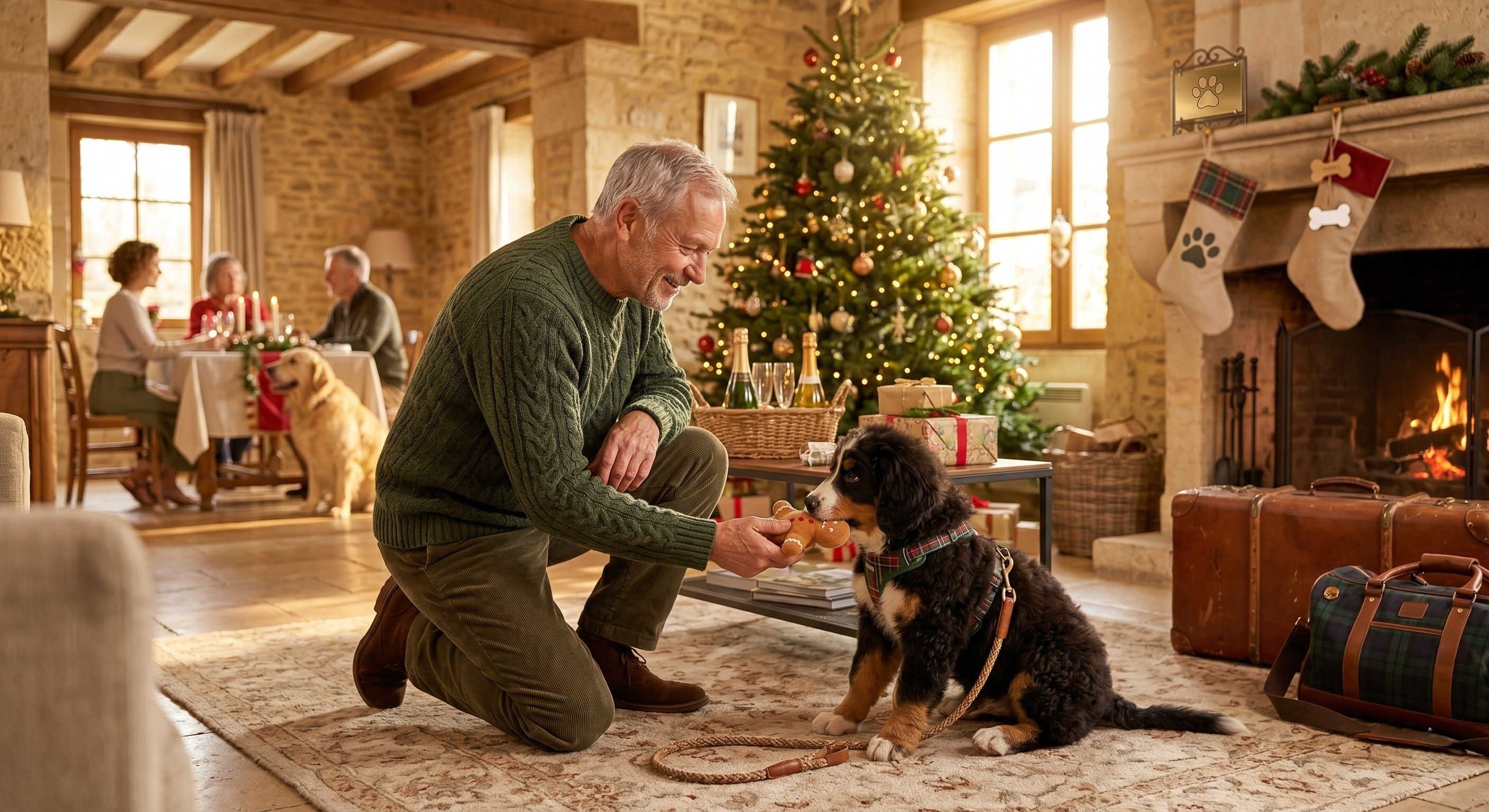 Chien au pied du sapin de Noël