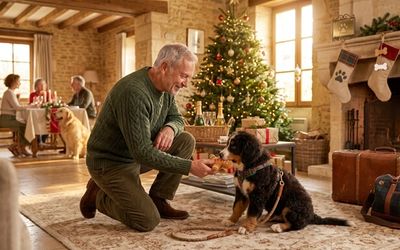 Chien au pied du sapin de Noël