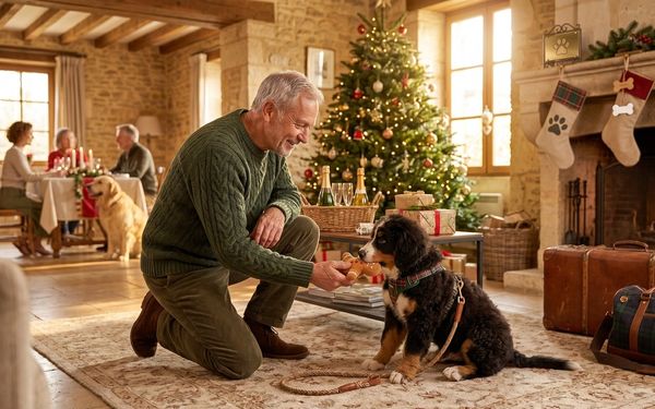 Chien au pied du sapin de Noël