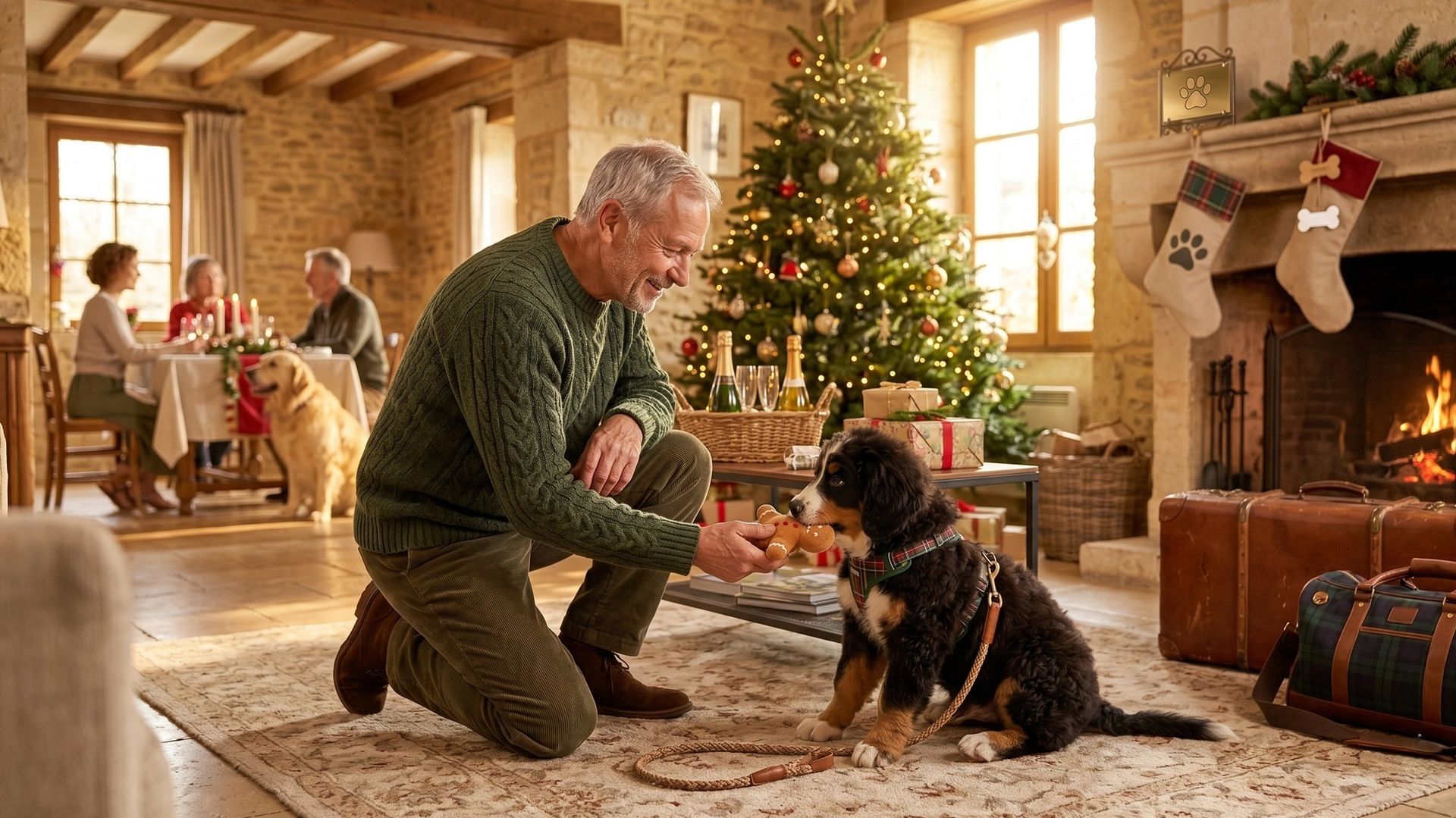 Chien au pied du sapin de Noël