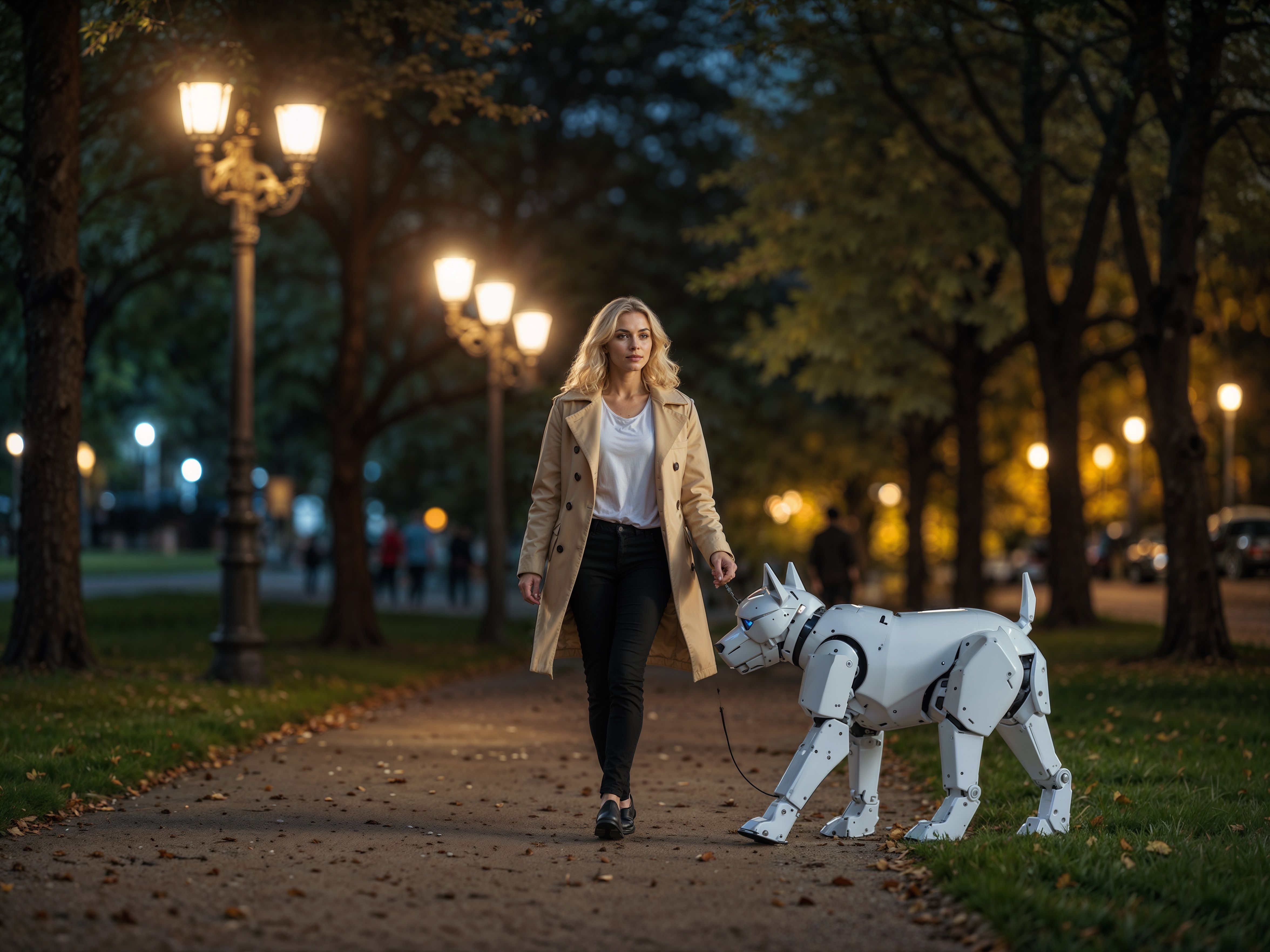 Femme promenant un chien robot