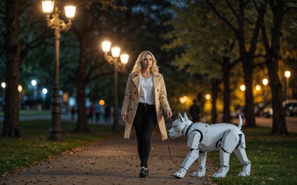 Femme promenant un chien robot