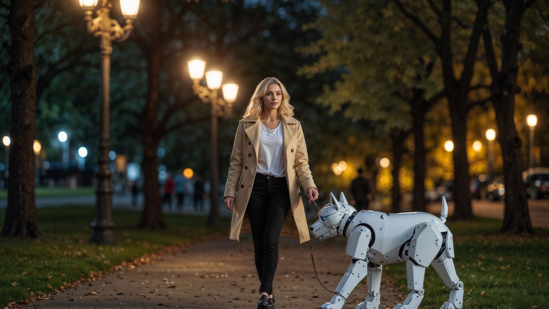 Femme promenant un chien robot