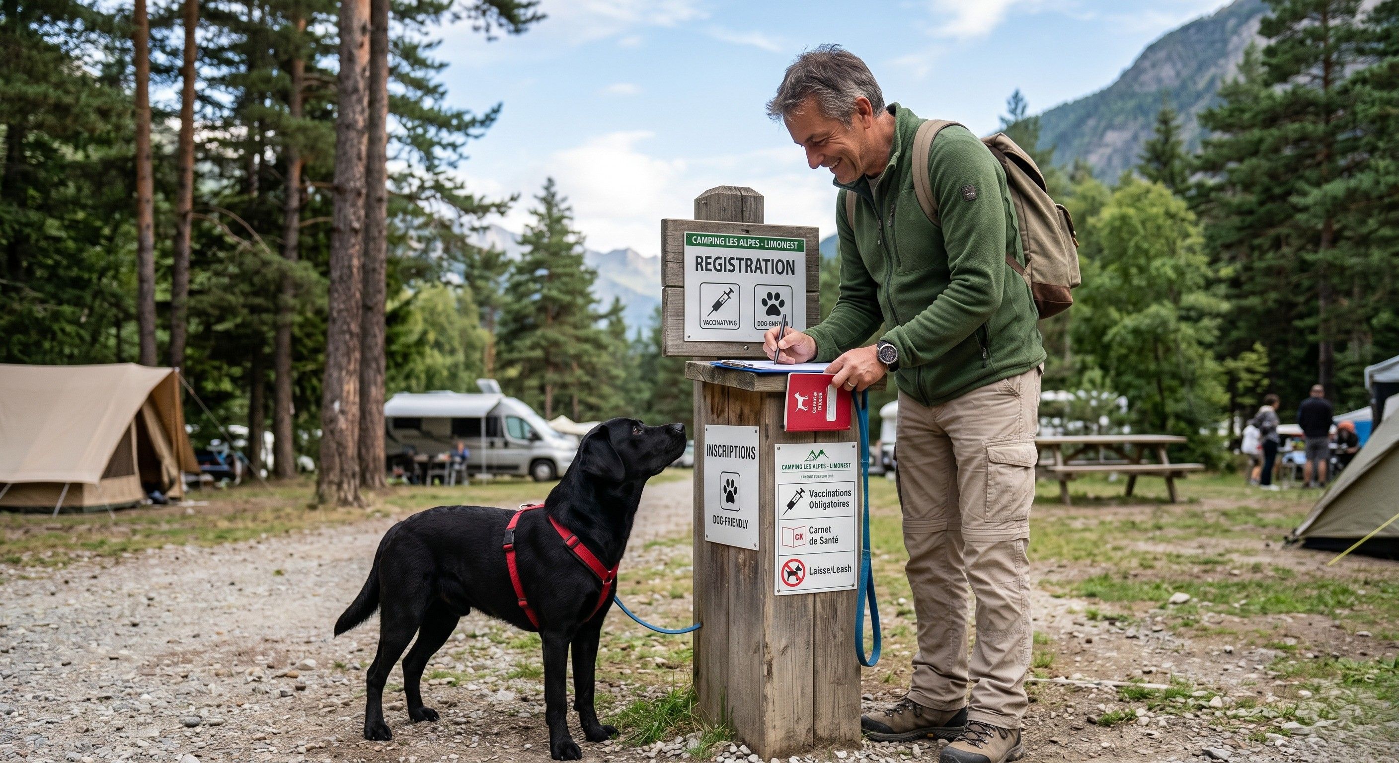 Chien sur une aire de camping avec son maître