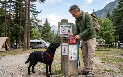 Chien sur une aire de camping avec son maître