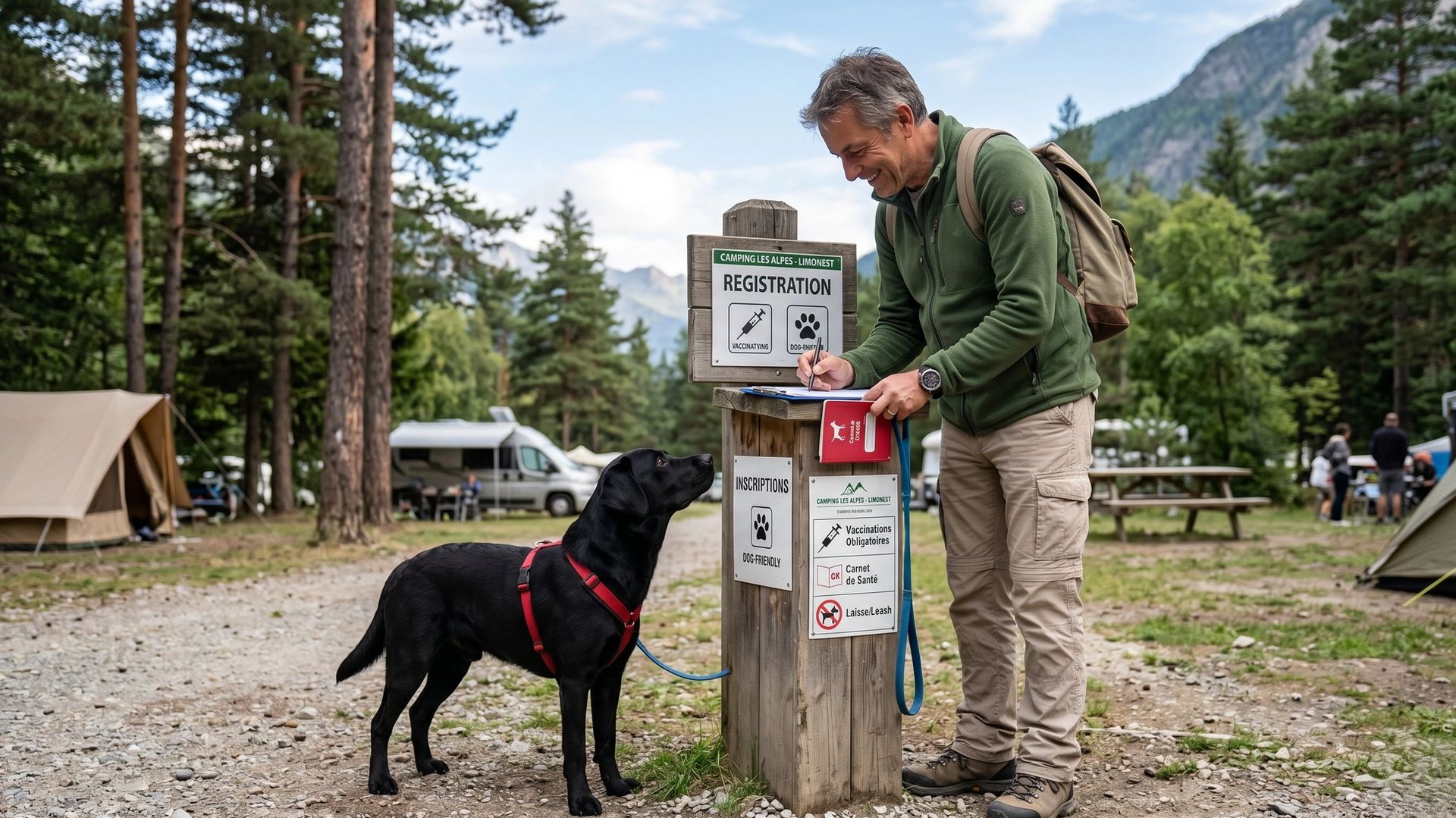 Chien sur une aire de camping avec son maître