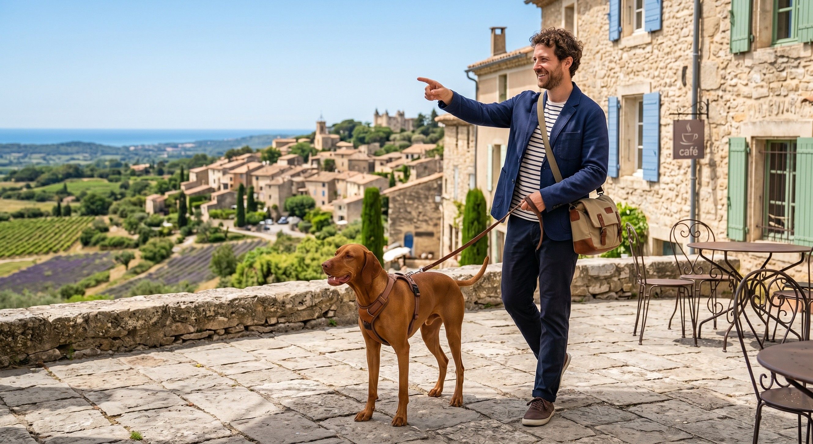 Chien heureux en vacances avec son maître explorant la France