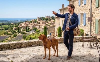 Chien heureux en vacances avec son maître explorant la France