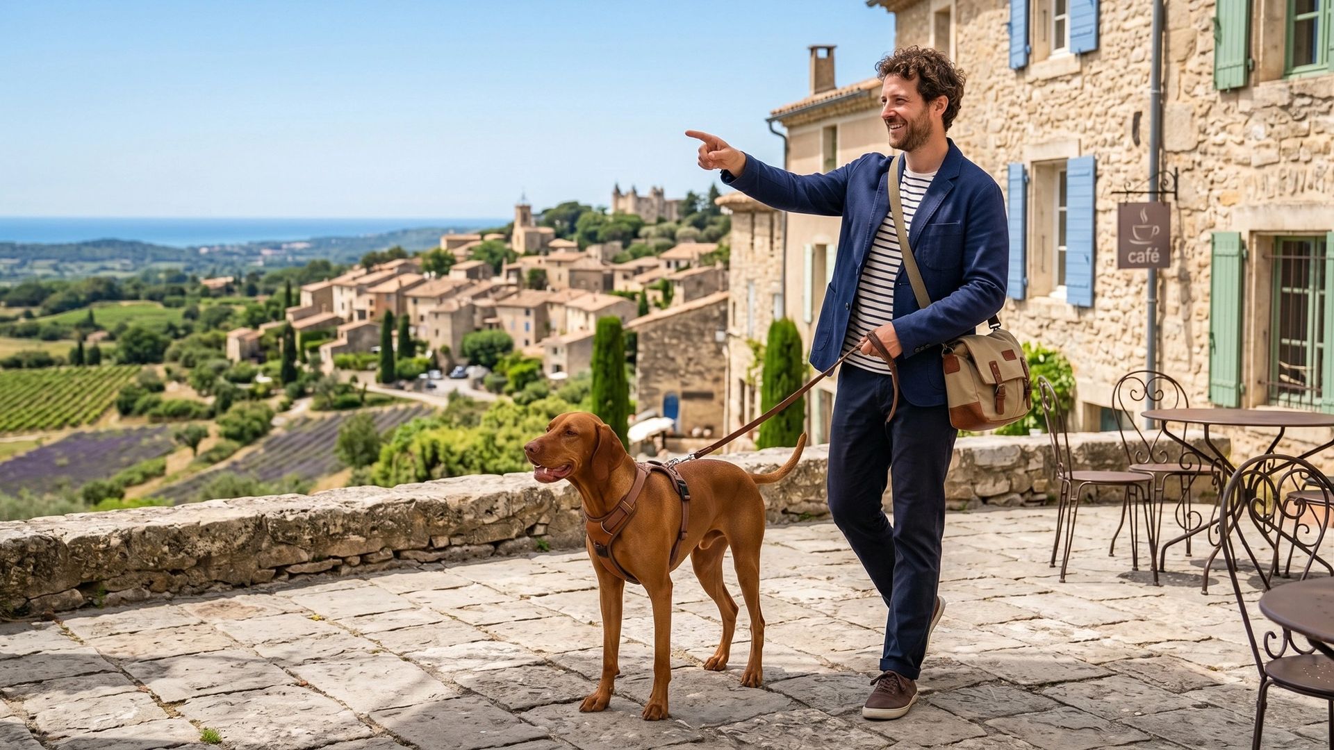 Chien heureux en vacances avec son maître explorant la France