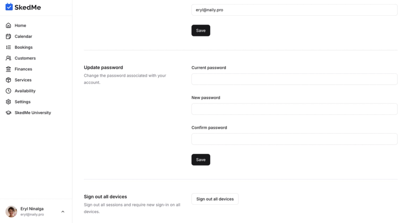 Password change fields in Account Settings