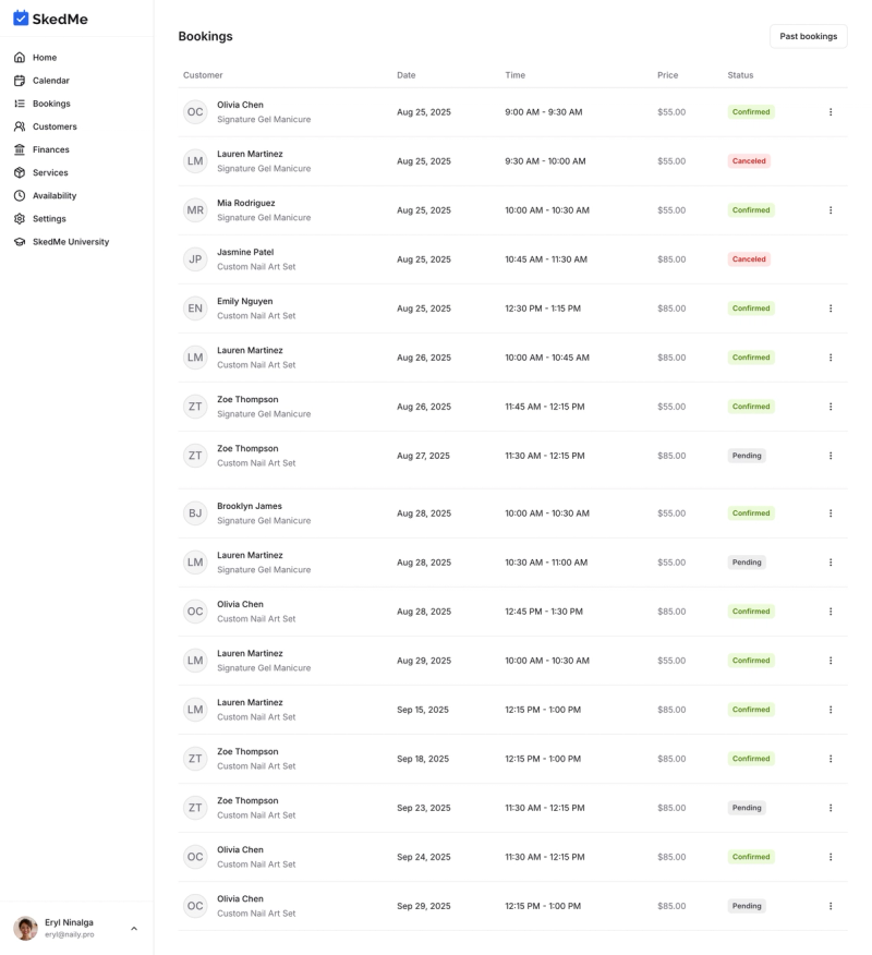 Bookings tab with list of upcoming bookings and statuses