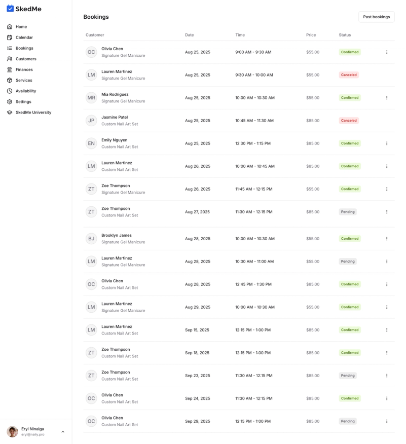 Bookings tab with list of upcoming bookings and statuses