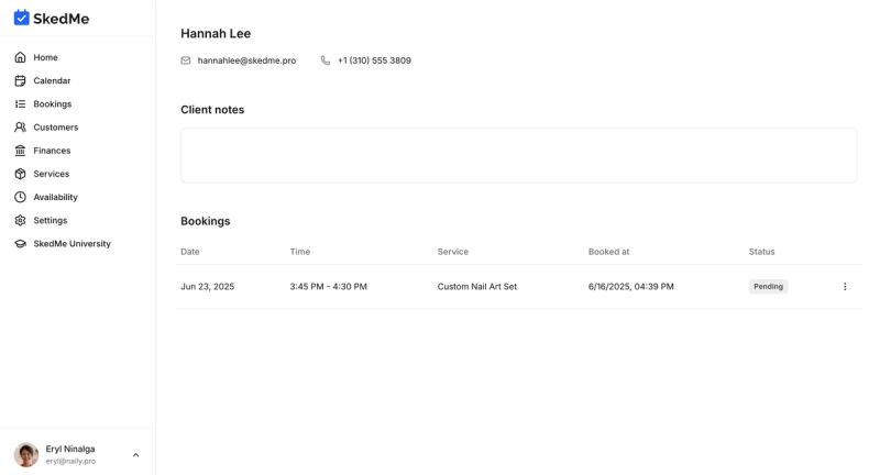 Client profile with clickable phone/email