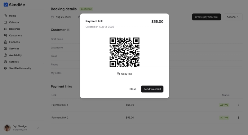 Payment link share options with QR, copy, and email