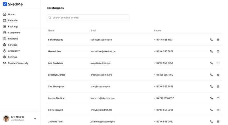 Customer list with call and email icons