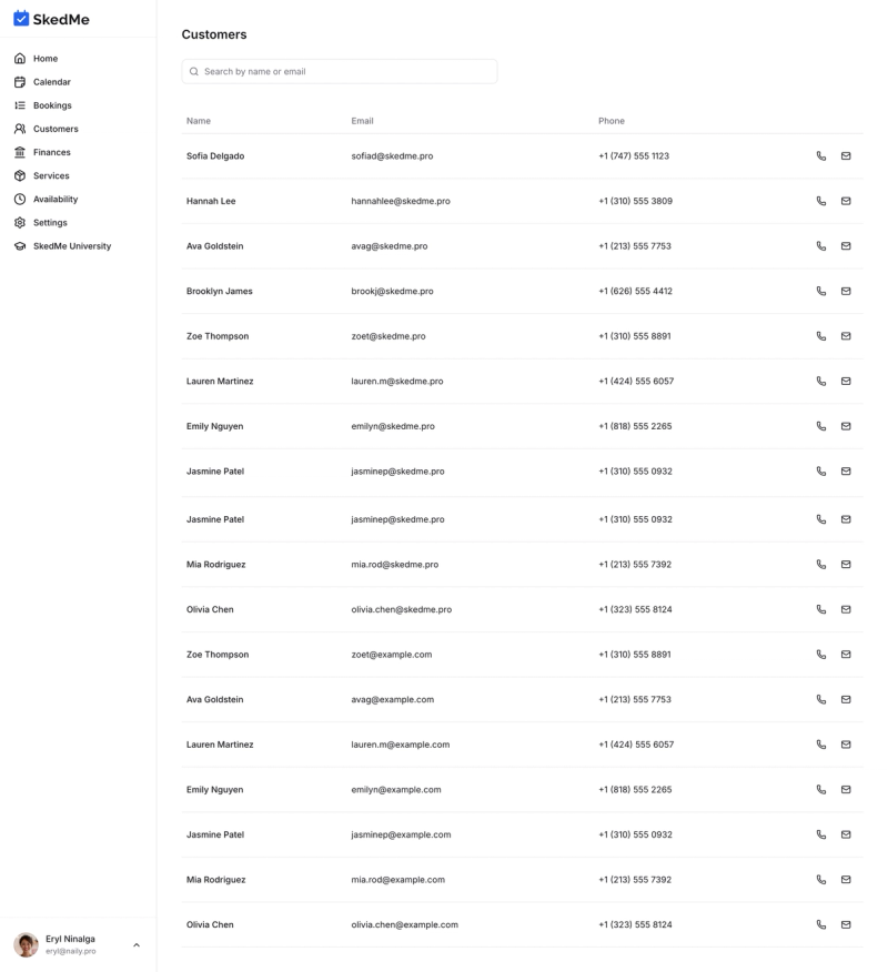 Customers list with client names