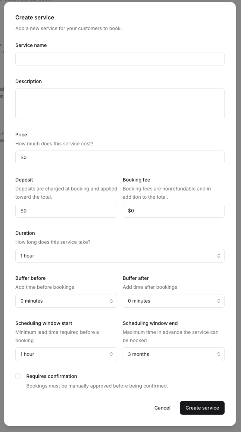 Service creation form with all fields visible