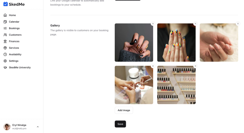 Image gallery with X buttons on each image and Add Image button