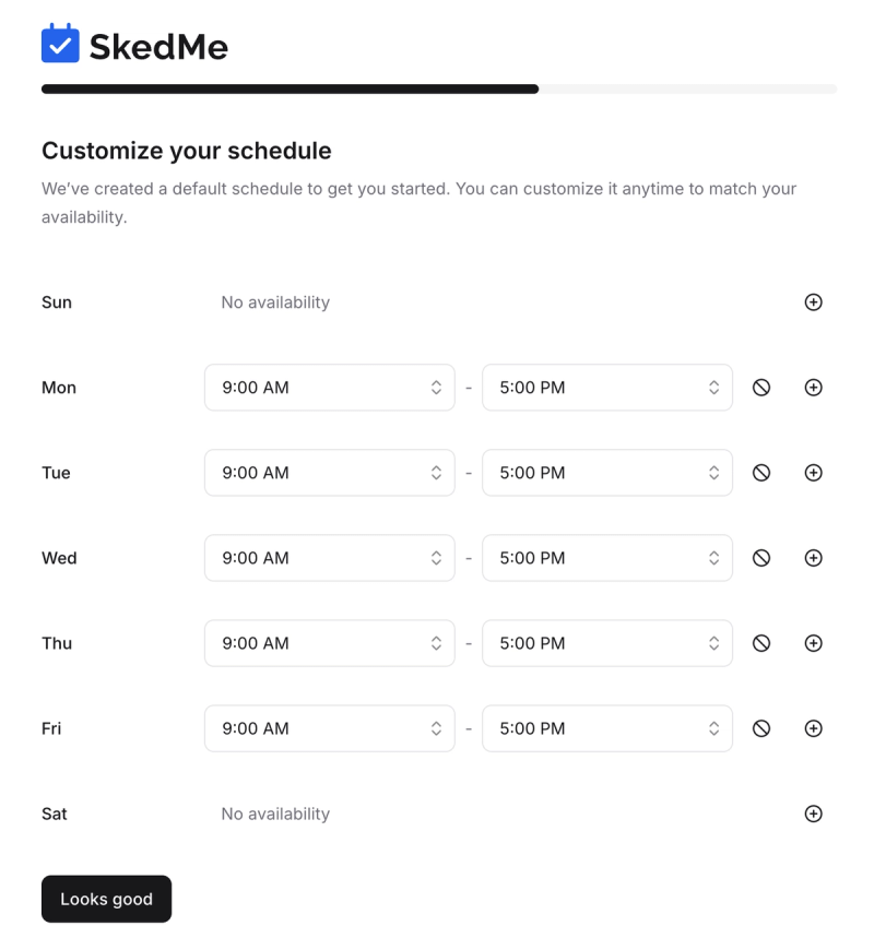 Weekly schedule with editable time blocks