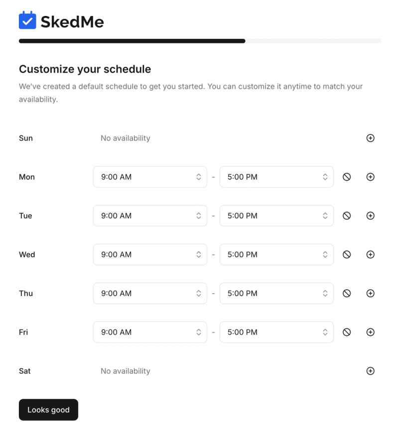Weekly schedule with editable time blocks
