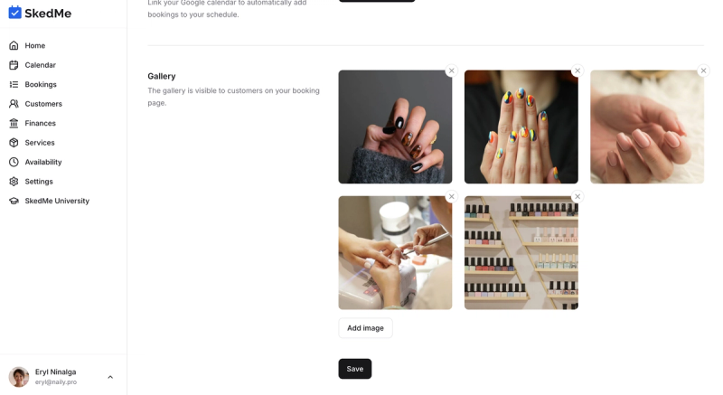 Gallery section showing Add Image button and X icons
