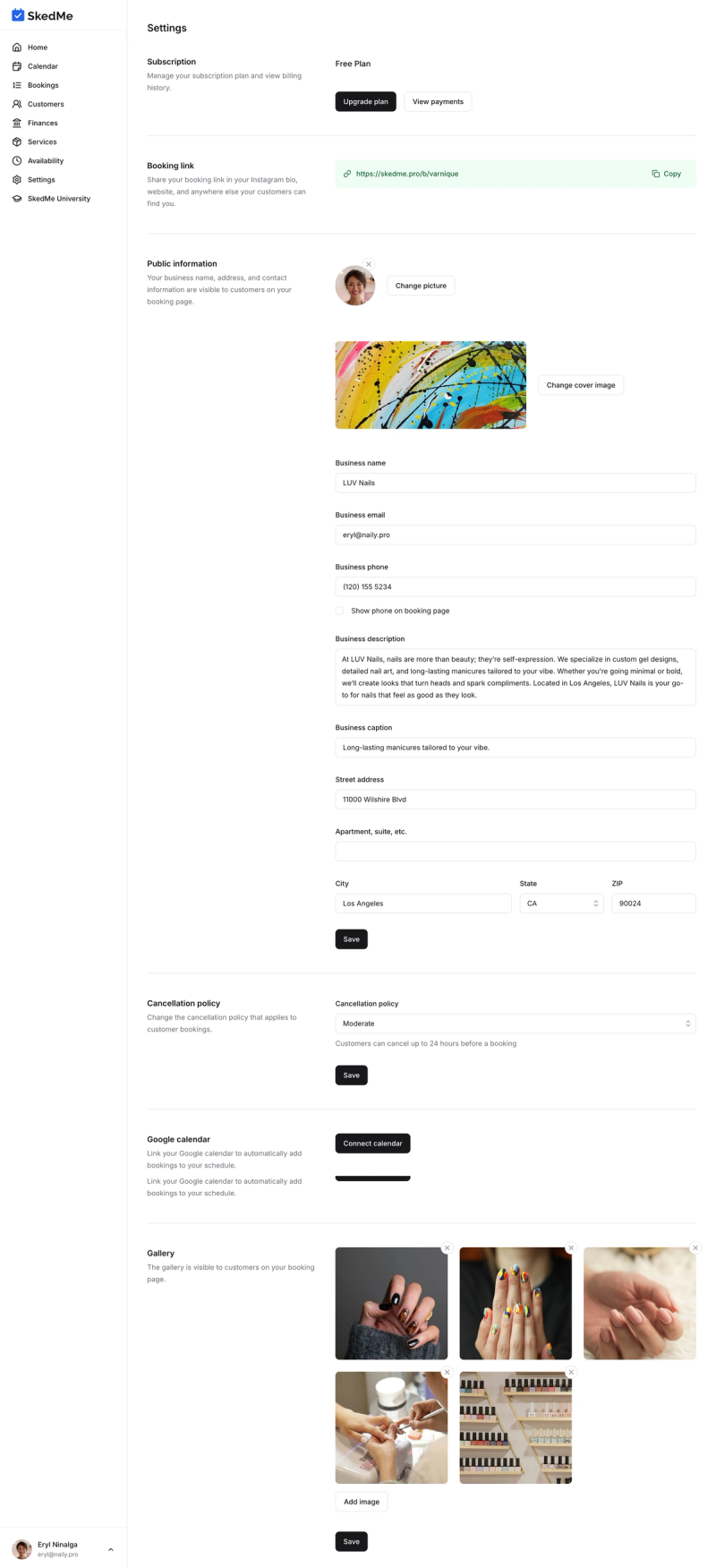 Settings tab showing profile fields and calendar section
