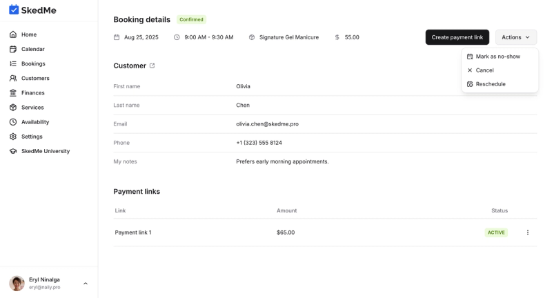 Reschedule button inside booking page