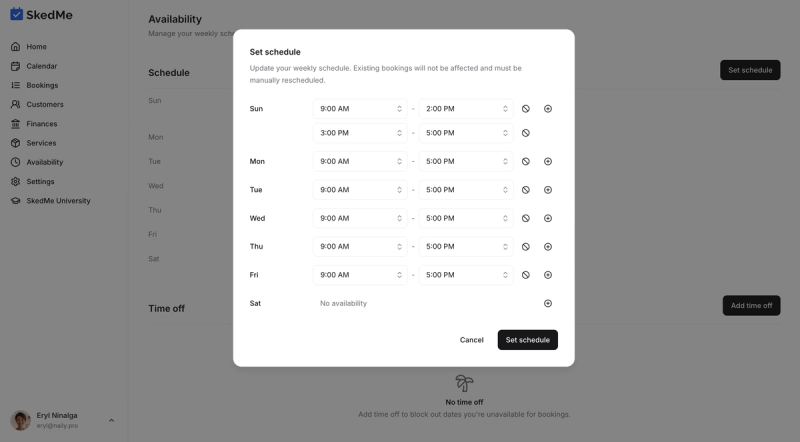 Set Schedule popup with multiple time windows per day