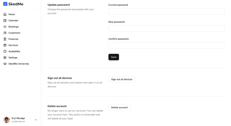 Delete account section with warning