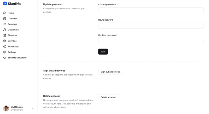 Delete account section with warning