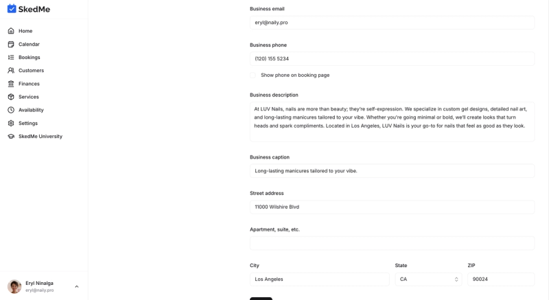 Editable fields for business name, email, phone, etc.