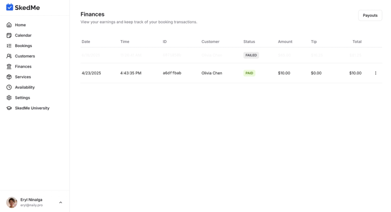 Finances tab showing list of past payments