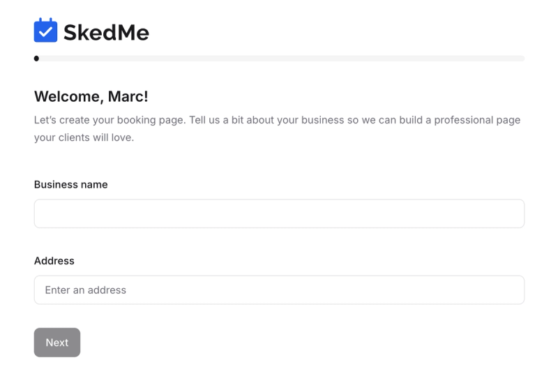 Business name and address step
