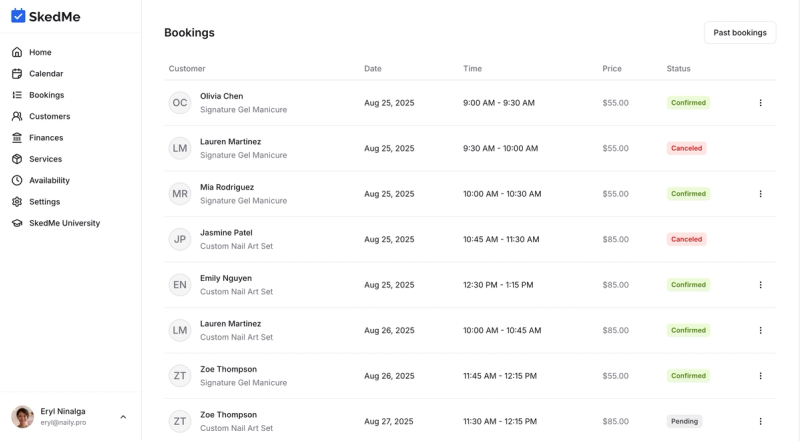Bookings tab showing list of upcoming bookings