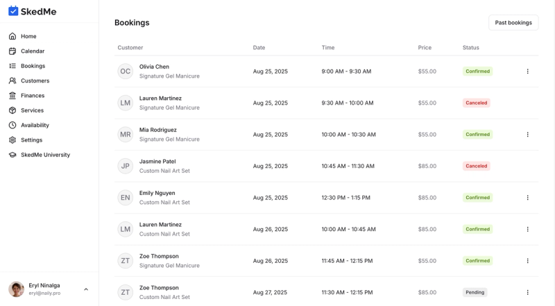 Bookings tab showing list of upcoming bookings
