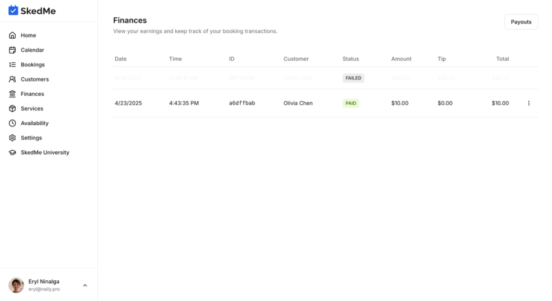 Finances tab showing payment history and