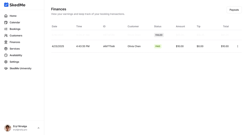 Finances tab showing payment history and