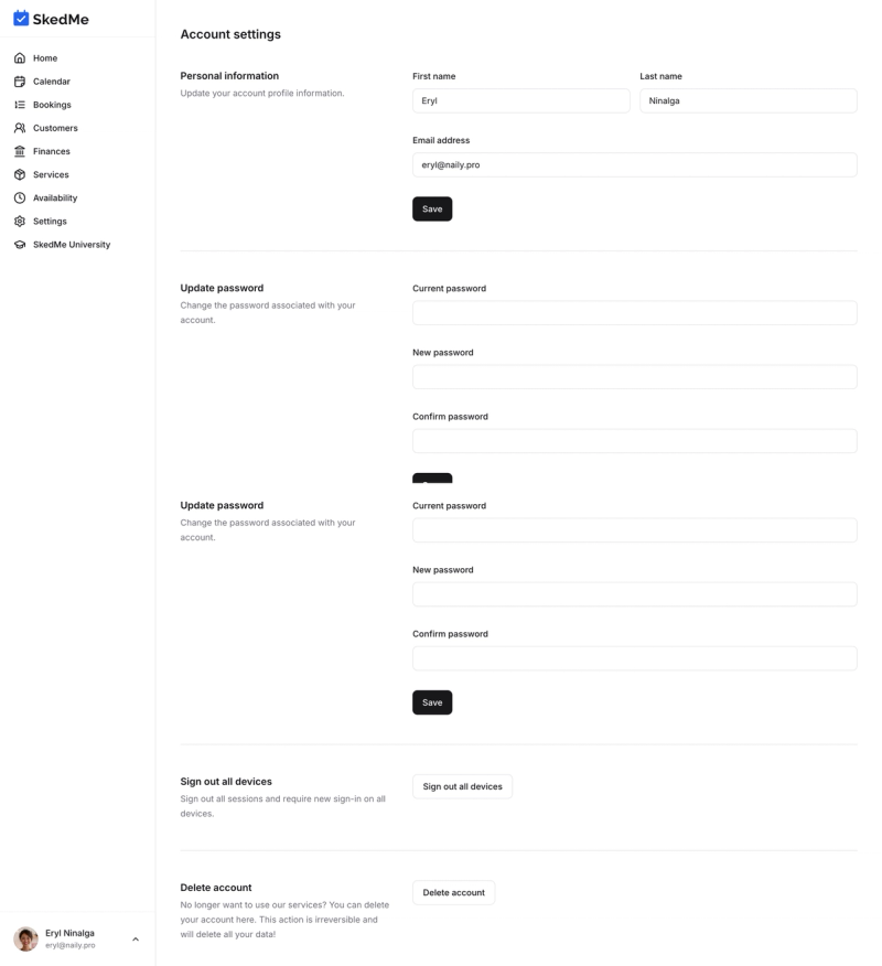 Account Settings menu opened after clicking user's name