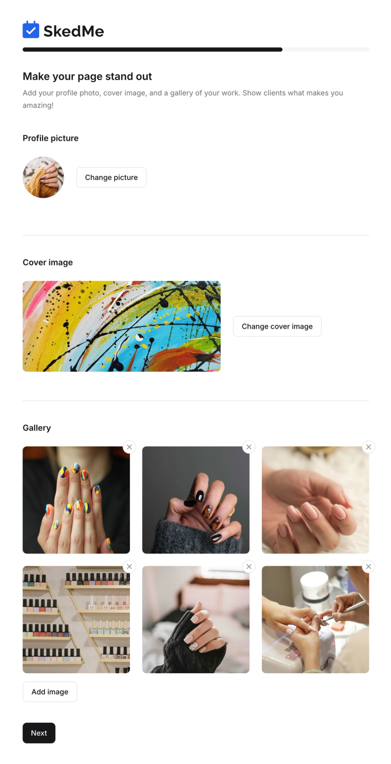 Profile customization with image upload and gallery